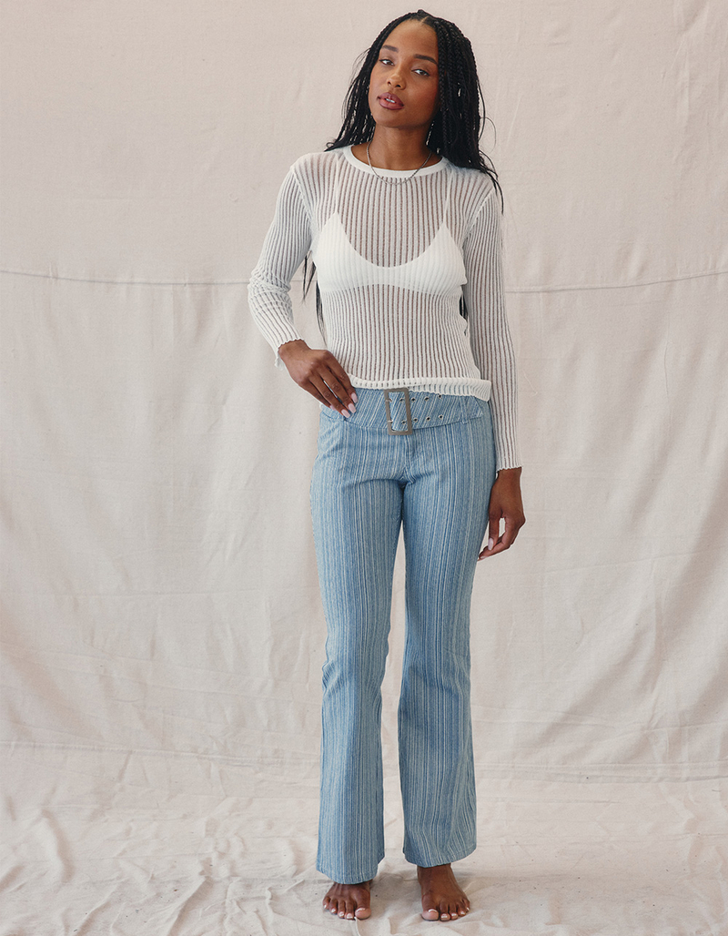 WEST OF MELROSE Low Rise Belted Stripe Womens Flare Pants image number 0