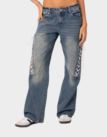 EDIKTED Low Rise Ribbon Lace Up Jeans