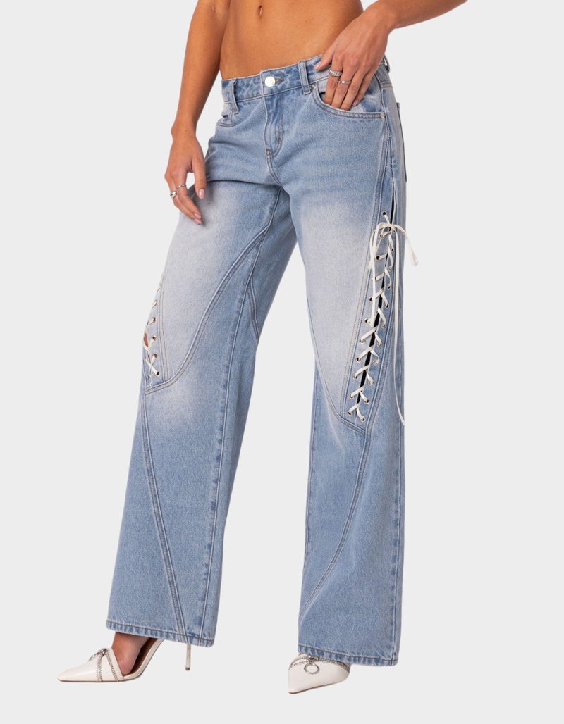 EDIKTED Low Rise Ribbon Lace Up Jeans image number 3