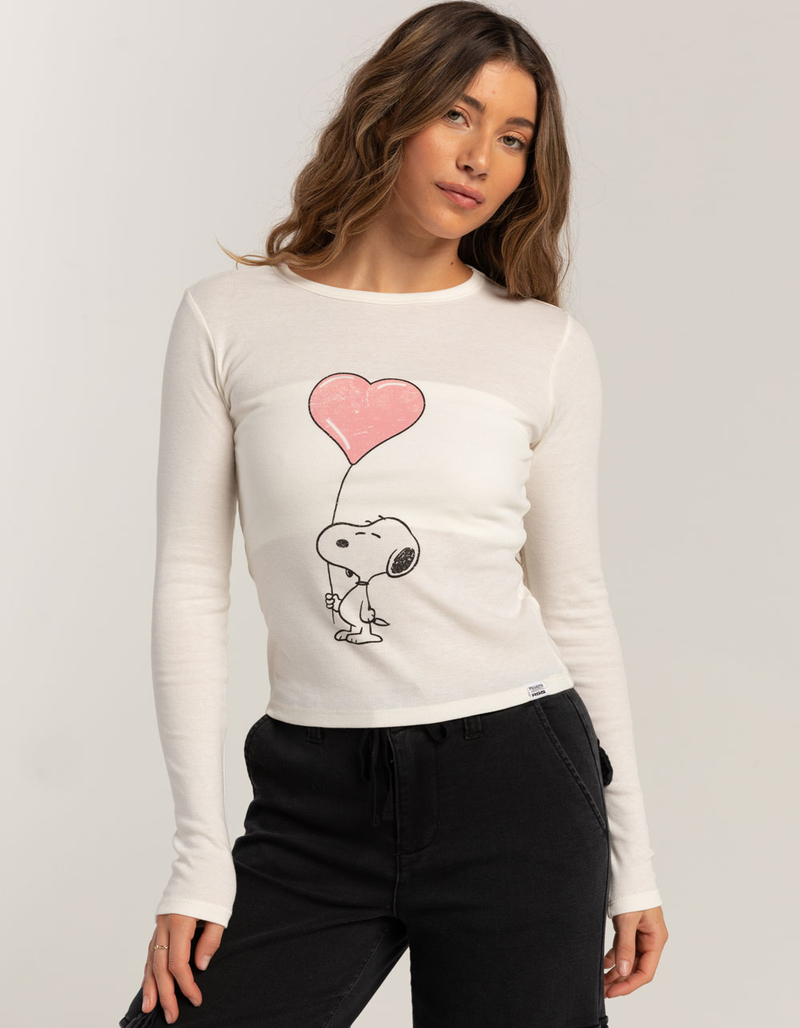 RSQ x Peanuts Love Collection Womens Snoopy Heart Long Sleeve Baby Tee image number 1