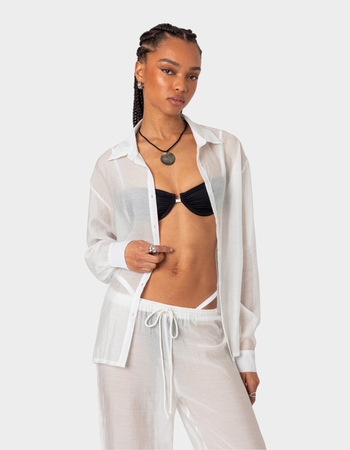 EDIKTED Breezy Oversized Sheer Button Up Shirt Primary Image