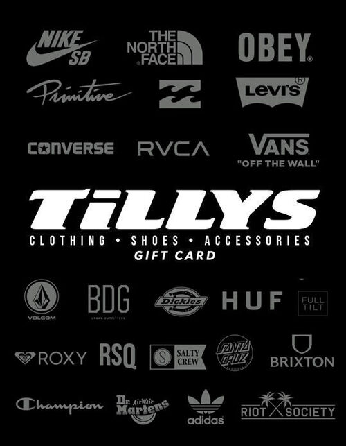 Tillys Logo with collage of brand logos. Color: 10Tillys