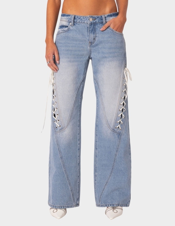 EDIKTED Low Rise Ribbon Lace Up Jeans Primary Image