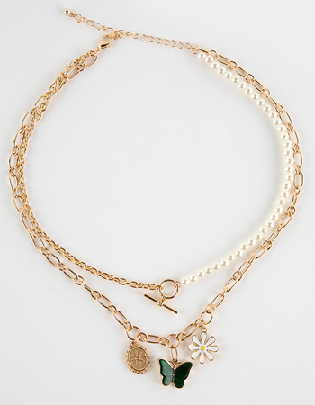 FULL TILT Layered Half Pearl Chain Charm Necklace