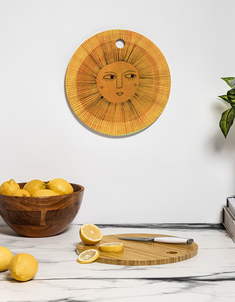 DENY DESIGNS Sewzinski Sun Drawing Gold and Blue Round Cutting Board image number 2