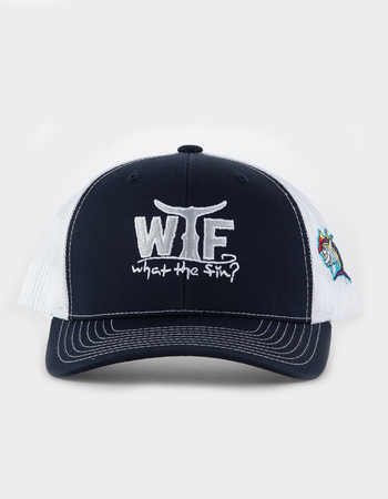 WHAT THE FIN WTF Logo Silver Fin Mens Trucker Hat