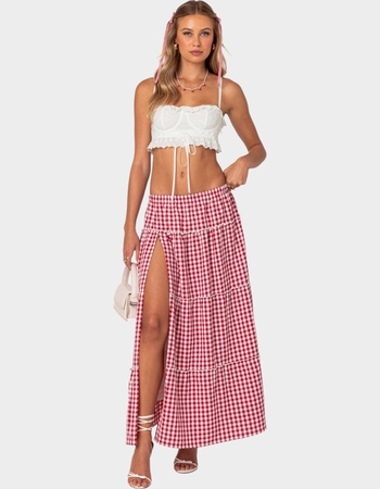 EDIKTED Gingham Side Slit Tiered Maxi Skirt