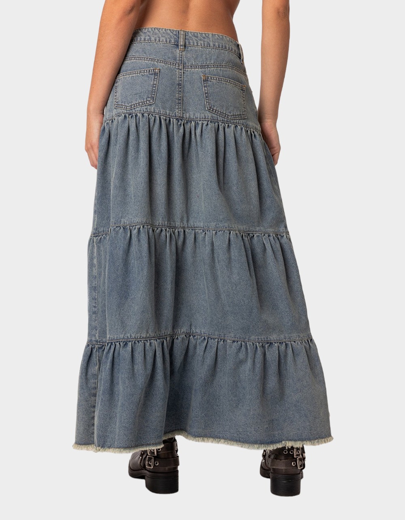EDIKTED Countryside Tiered Washed Denim Maxi Skirt image number 3