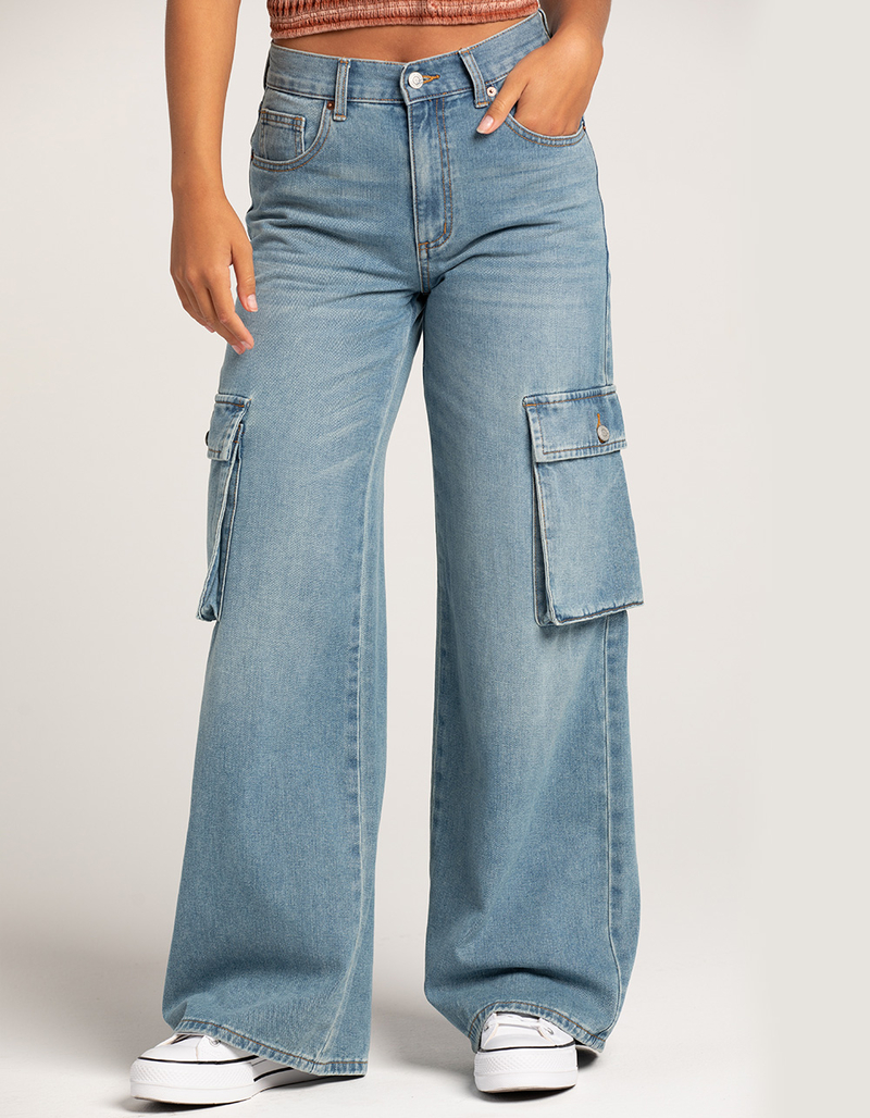 RSQ Womens High Rise Cargo Wide Leg Denim Jeans image number 3
