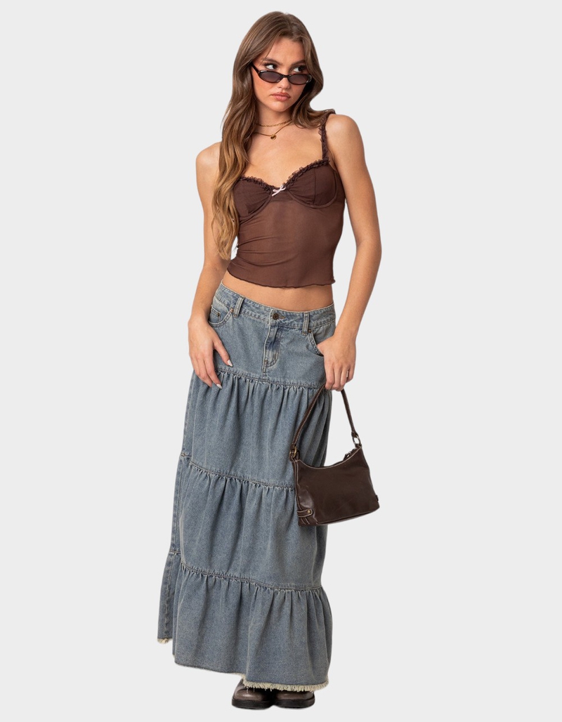 EDIKTED Countryside Tiered Washed Denim Maxi Skirt image number 1