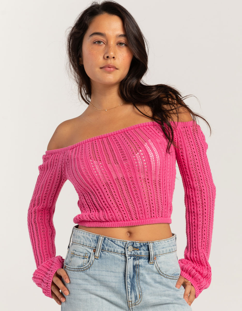RSQ Womens Linear Stitch Off The Shoulder Sweater image number 1