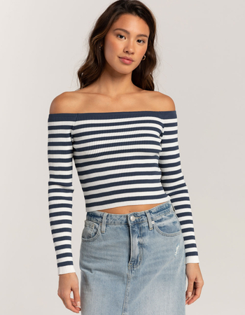 RSQ Womens Stripe Off The Shoulder Long Sleeve Top