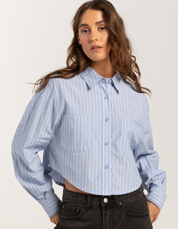 RSQ Womens Stripe Crop Long Sleeve Button Up Shirt Primary Image