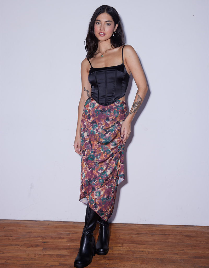 WEST OF MELROSE Satin Floral Asymmetrical Womens Midi Skirt image number 1
