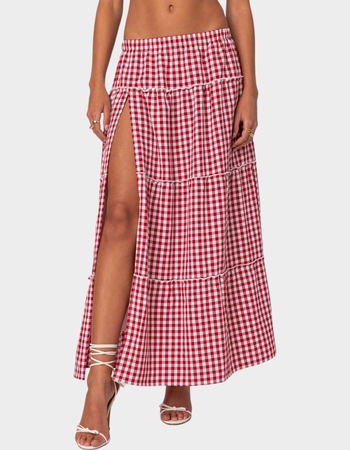 EDIKTED Gingham Side Slit Tiered Maxi Skirt