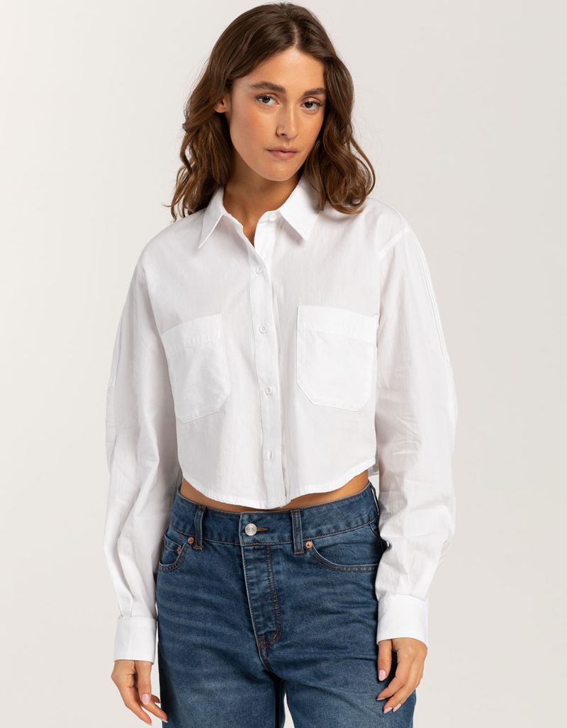 RSQ Womens Solid Crop Long Sleeve Button Up Shirt image number 1