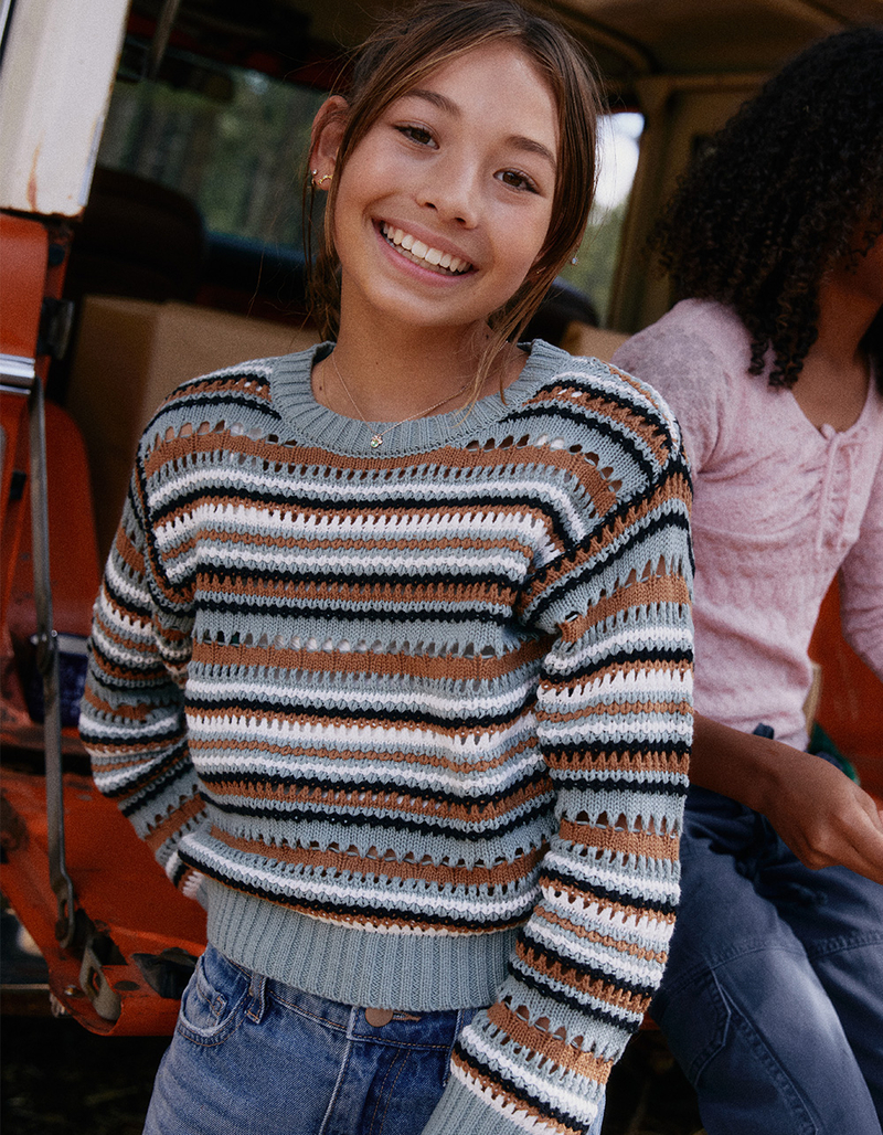 FULL TILT Stripe Open Weave Girls Pullover Sweater image number 0