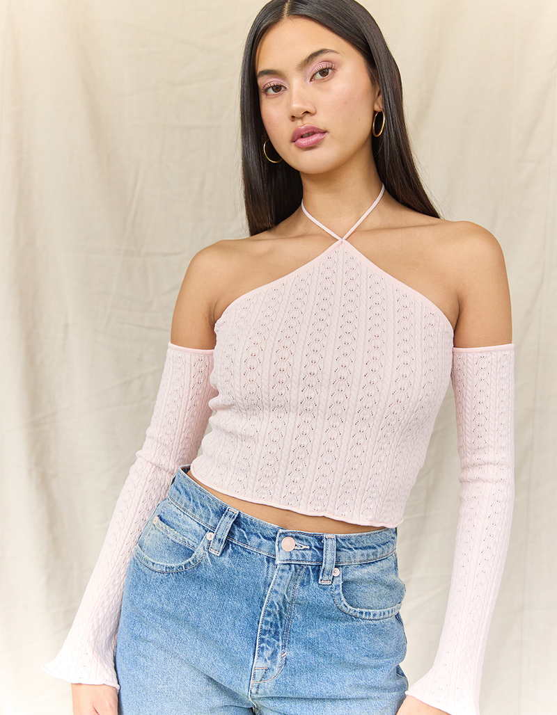 WEST OF MELROSE Long Sleeve Off The Shoulder Y Neck Open Knit Womens Sweater image number 1
